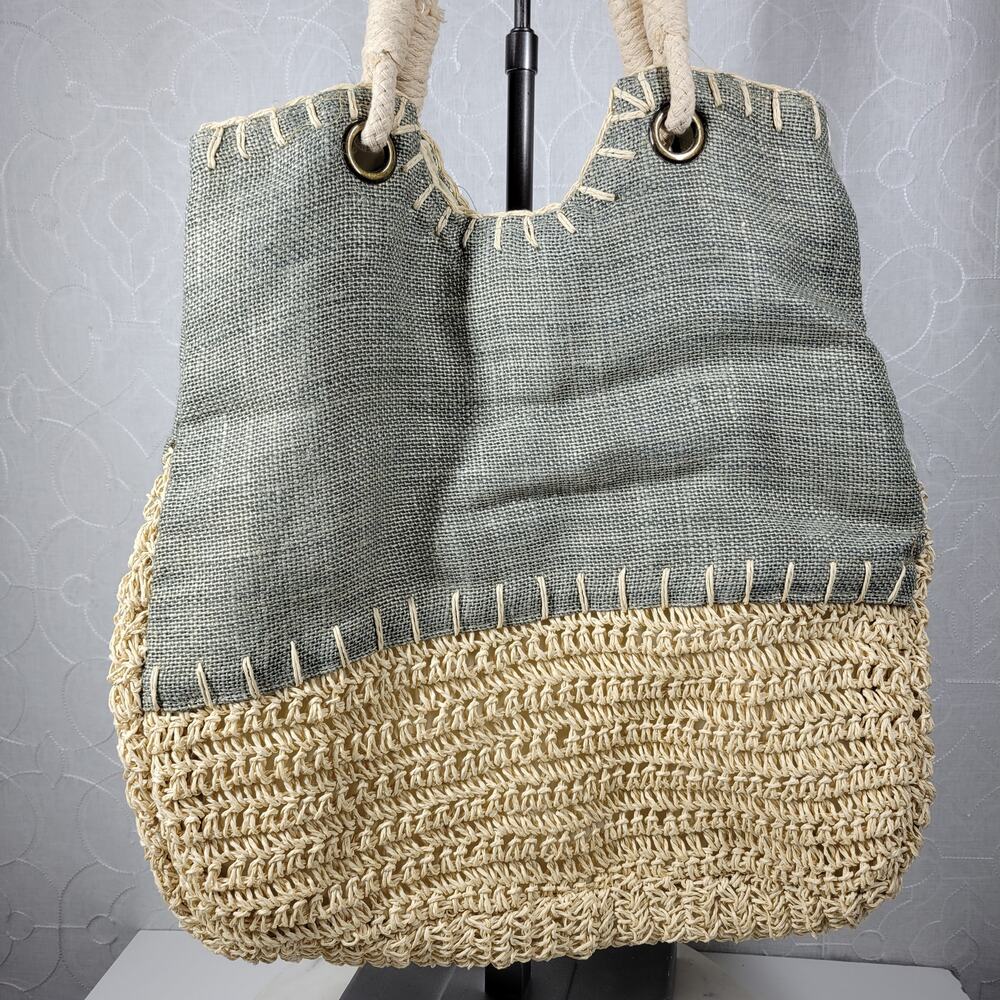 Sun n Sand Woven Tote 18"x17" Large Gray‎ Tan Beach Pool Shoulder Bag Summer